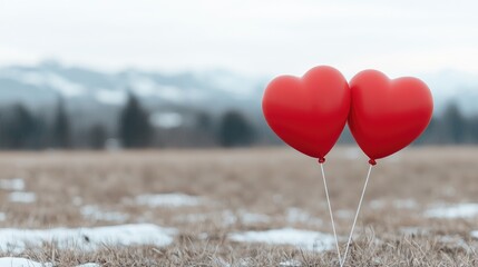 Fototapeta premium Two red heart-shaped balloons stand together in a dry winter field with snowy patches and mountains in the background.