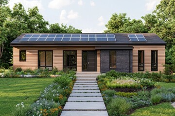 A modern eco-friendly home featuring solar panels, surrounded by lush greenery and a landscaped pathway.