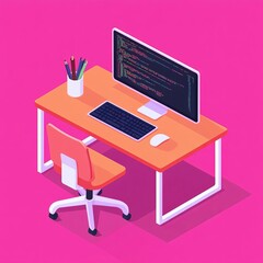 Flat design isometric coder workspace, sleek modern UI concepts in progress