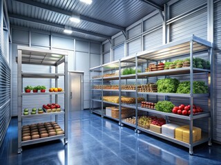 Gleaming metal shelves fill a cold, industrial food storage refrigeration chamber.