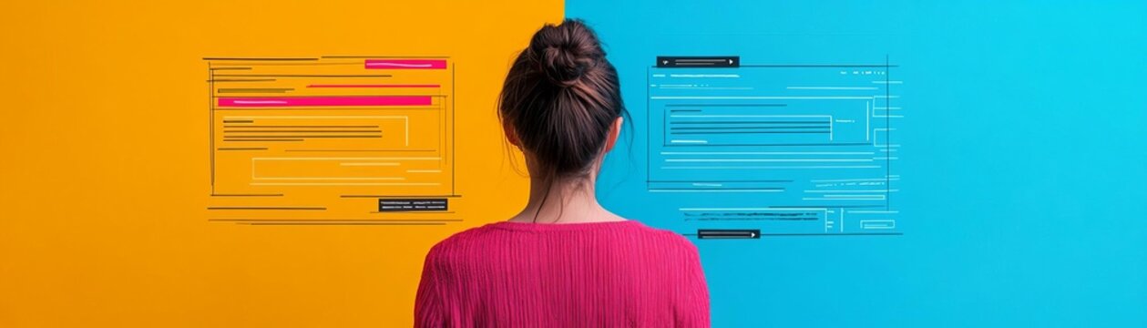 Front-end developer with abstract website wireframes forming around them