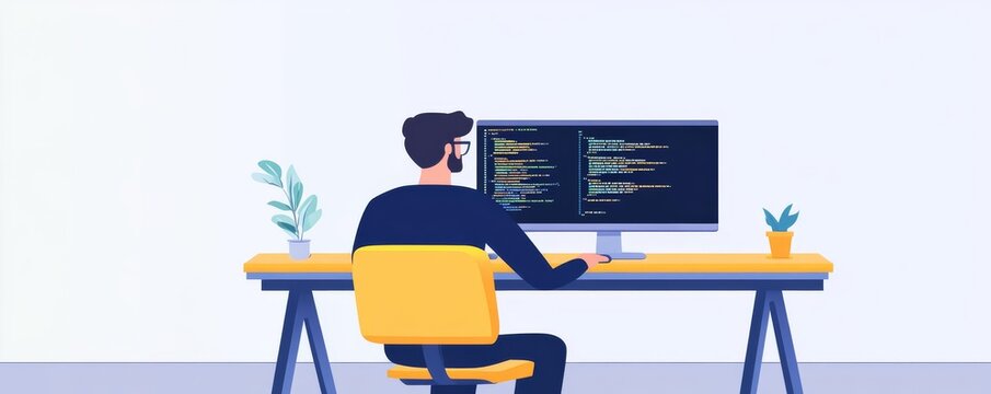 Full-stack developer coding in a modern office, sleek and minimal web interface