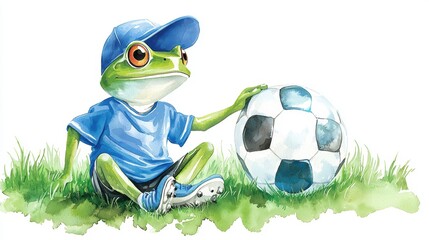 Obraz premium Frog wearing a cap sits beside a soccer ball in grass.