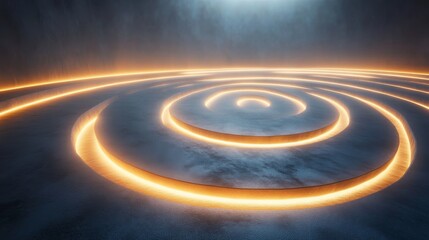Fototapeta premium Concentric concrete circles illuminated with glowing orange neon light