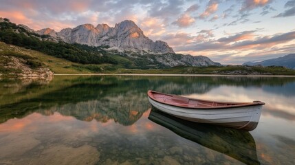A small boat floating on a serene mountain lake, reflecting the sky soft pastel tones at dusk. 