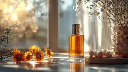 Fototapeta premium Amber Perfume Bottle with Flowers Sunlight Windowsill Still Life Photography