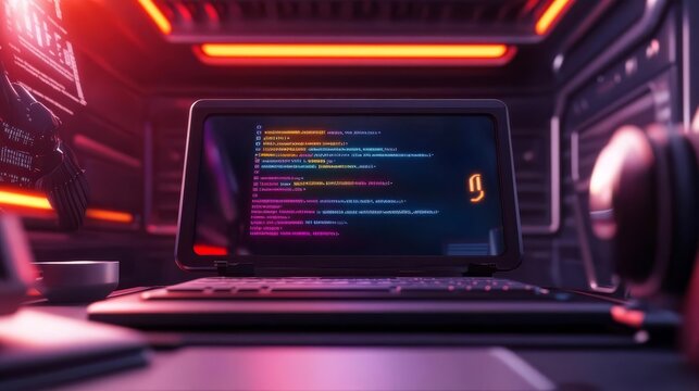 Futuristic coding workspace with holographic projection screens displaying CSS, HTML, JavaScript