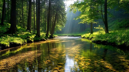 Obraz premium Sunlit Stream Winding Through a Lush Green Forest AI Generated