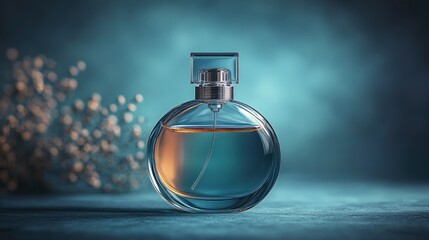 Elegant Perfume Bottle on Teal Background Luxurious Fragrance Glass Bottle Beauty Product