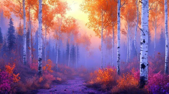 Autumnal birch forest path, sunrise mist, vibrant foliage, scenic wallpaper