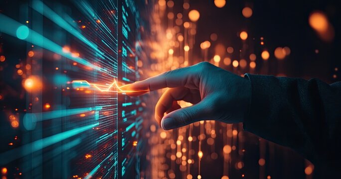 Hand interacting with digital data stream, futuristic background, tech presentation