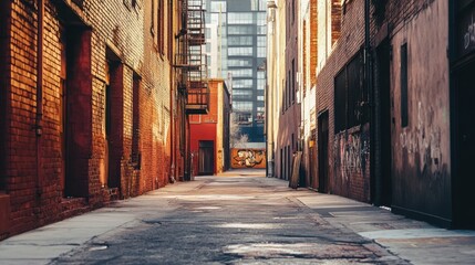 Fototapeta premium Urban Back Alley with Brick Buildings and a Distant Skyscraper