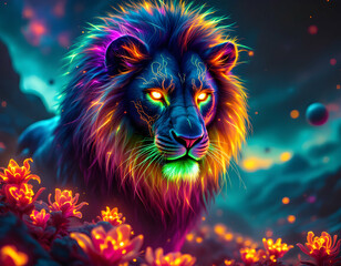 A majestic alien lion-like creature with bioluminescent fur and a cosmic mane, standing in an otherworldly landscape. A fusion of sci-fi and fantasy, radiating mystery and power.
