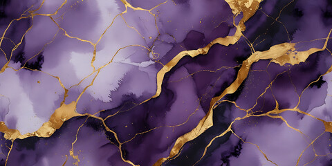 Golden purple shiny veins and cracked marble texture background, created by generative AI
