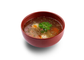 A bowl of fresh and flavorful chicken noodle soup, garnished with fresh herbs.