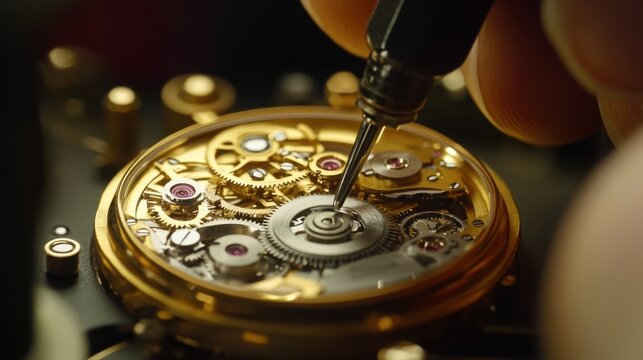 Close-up of Watchmaker Repairing Watch Movement with Screwdriver