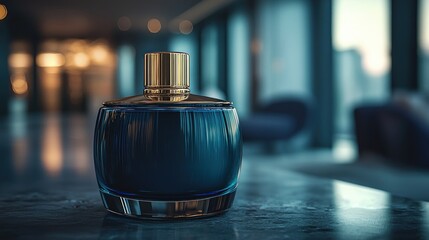 Elegant Dark Blue Perfume Bottle with Gold Cap on Marble Surface Luxury Fragrance Product