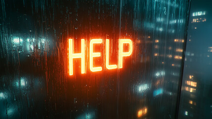 夜の都会、ビルの窓に反射するネオン「HELP」のクローズアップ