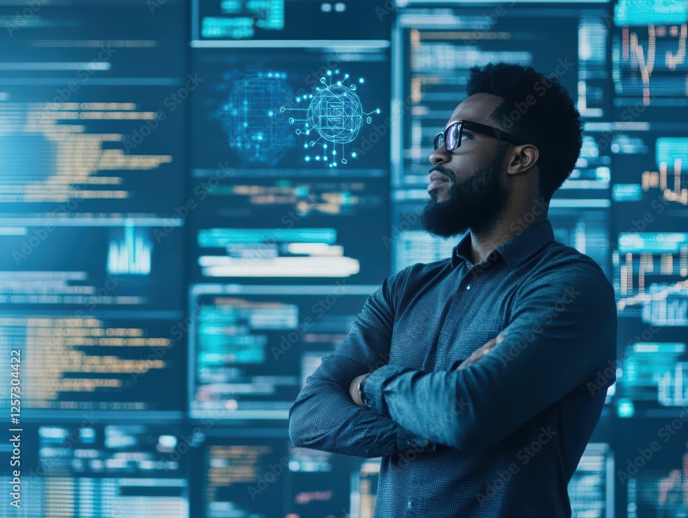 Poster Man in dark shirt standing in front of a large wall displaying various data and information graphics