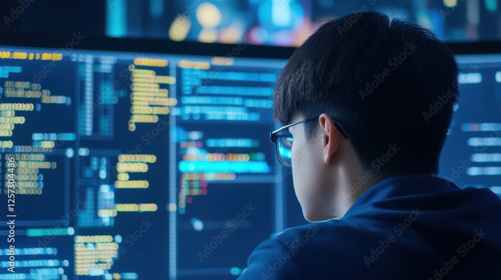 Poster Man gazing intently at a computer screen in a modern workspace environment