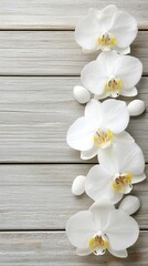 White orchids, stones, wooden background; spa, wellness, serenity
