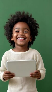 Kids with curly hairstyles laughing while clutching a tablet on a green backdrop