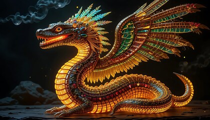Fototapeta premium Glowing Gold Mayan Aztec Dragon Statue with Intricate Wings and Jewels