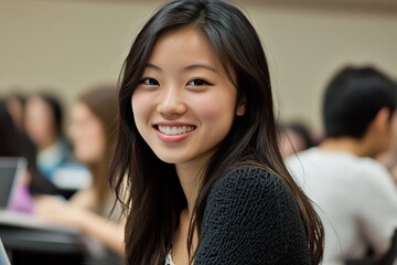 Smiling Asian Female Student Working on Laptop During a University Lecture, award winning studio photography,