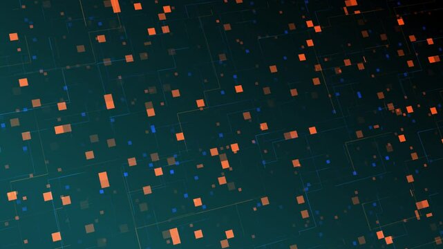 Digital background, circuit, or network. Squares of various sizes and thin lines forming rectangular structures in blue and orange.