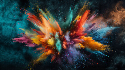 Obraz premium An explosion of vibrant colors as a group of friends throws bright powdered paint into the air, celebrating joy, resilience, and togetherness in a lively, colorful moment.