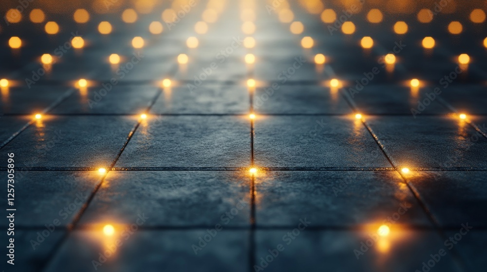 Poster illuminated pathway with numerous evenly spaced lights on tile surface