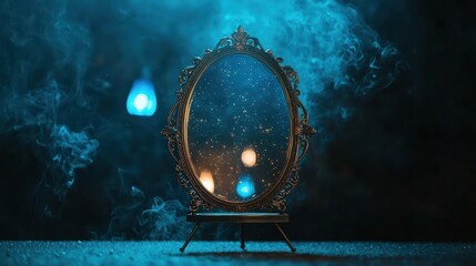 Glowing Mirror With Mystic Orbs In Dark Blue Scene