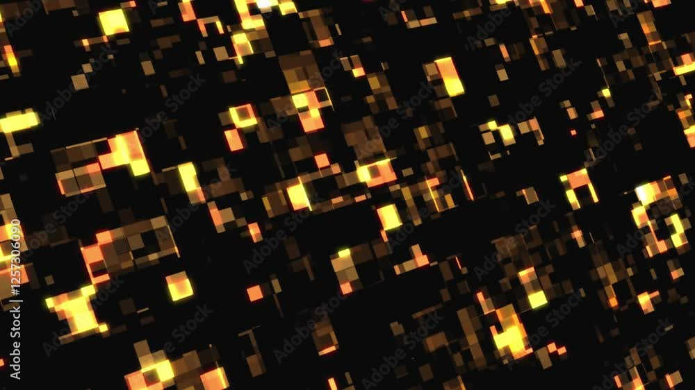 Poster abstract pattern of glowing orange and yellow squares on a dark background. a digital or technologic