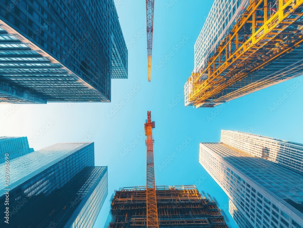 Aufkleber construction site featuring a crane and multiple skyscrapers under development in an urban environme