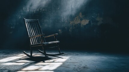 Rustic Wooden Rocking Chair in Dimly Lit Room with Shadows