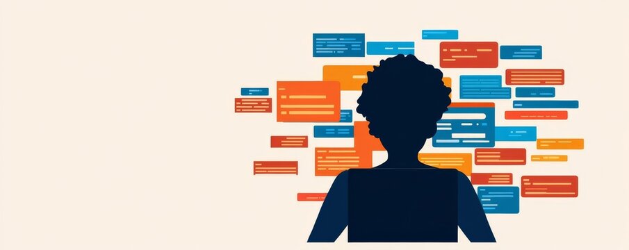 Silhouette of a coder working with floating abstract HTML, CSS, JavaScript snippets