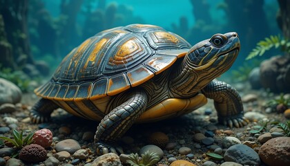 Fototapeta premium A Stunning Close-Up of a Vibrant Yellow and Black Turtle in a Rocky Aquatic Habitat