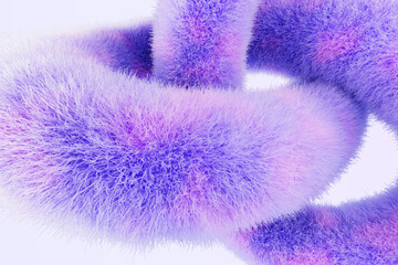 Pastel purple and pink fluffy 3d background. Abstract fur geometric shape with hairy texture and color gradient. Dynamic bg with curve twisted line of furry soft wool, render banner. 3D illustration