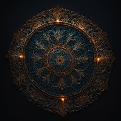 "An intricate mandala with soft glowing edges, set against a dark background."