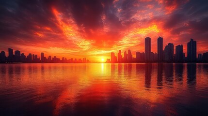 Obraz premium Vibrant sunset over a city skyline, reflecting on water, with dramatic clouds and silhouettes of buildings
