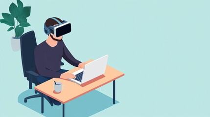 Web developer in an isometric virtual office, creating an immersive user interface