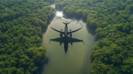 Fototapeta premium Airplane water landing mangrove aerial view