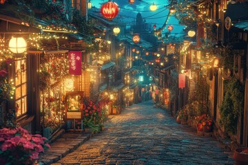Fototapeta premium Serene Night Street Scene with Lanterns and Colorful Decorations