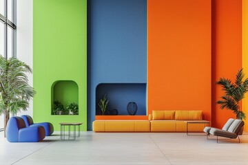 Vivid lounge area, bright colors, niche for art or decor, 3D.
