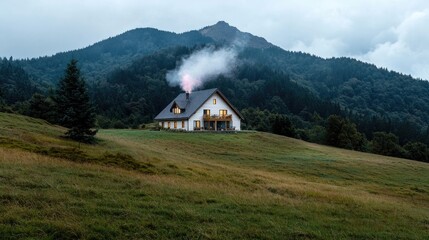 Obraz premium Mountain home twilight, cozy fireplace, idyllic landscape, real estate