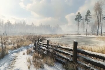 Serene Winter Landscape with Snowy Path and Frozen Pond
