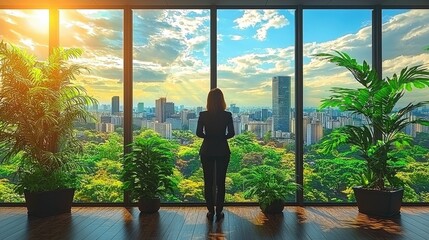 Fototapeta premium Businesswoman contemplates cityscape view from office window