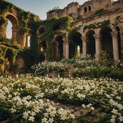 Obraz premium A golden-ivy-covered garden with ancient ruins and white flowers growing around them.