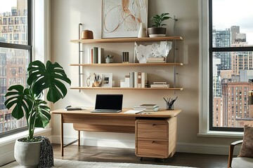 Fototapeta premium A modern home office with natural light, wooden tables, minimalist bookshelves and potting monsters, featuring abstract wall art in beige and white color schemes