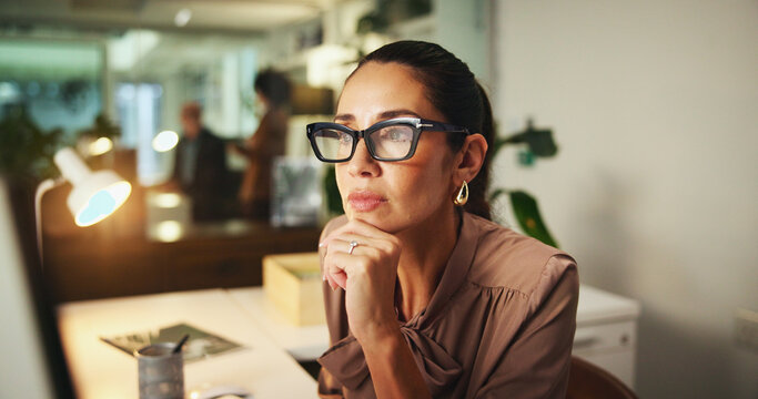 Thinking, planning and reading with business woman in office for art critic, blog article inspiration or reflection. Gallery opinion, writer and brainstorming review with person and computer at night
